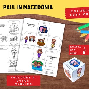 Könnte beinhalten: Zwei Blätter Papier mit Illustrationen und Text über Paulus in Mazedonien, entworfen für ein Malwürfel-Bastelprojekt. Der Text enthält "Paulus in Mazedonien" und "Apostelgeschichte 16-15". Ein fertiges Würfelbeispiel wird zusammen mit Buntstiften gezeigt.