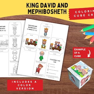 Könnte beinhalten: Ein Bastelset für einen King David und Mephibosheth Malwürfel mit zwei bedruckbaren Bögen, die schwarz-weiße und farbige Illustrationen, eine Montageanleitung und einen fertigen Papierwürfel mit einer Szene auf einem Berg zeigen.