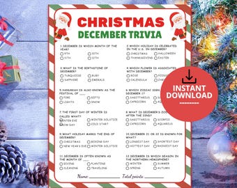 May include: A Christmas December Trivia game sheet with a red and green striped border, featuring Santa Claus illustrations at the top corners. The document contains twelve multiple-choice questions about December, with spaces for a name and total points.