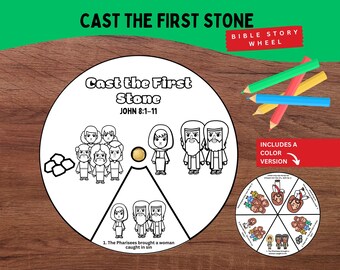 May include: A circular paper craft titled Cast the First Stone John 8:1-11 featuring black and white line art illustrations of biblical figures and stones. A small gold fastener is in the center. A smaller colored version is also visible.