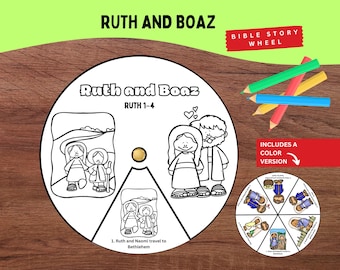 May include: A black and white Bible Story Wheel with the text "Ruth and Boaz" and "Ruth 1-4". The wheel includes illustrations of Ruth and Boaz, and the text "Includes a color version". Colored pencils are on the right.