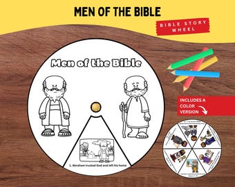 May include: A black and white Bible story wheel with the text "Men of the Bible". The wheel includes illustrations of biblical figures and a smaller colour version. Colour pencils are included in the image.