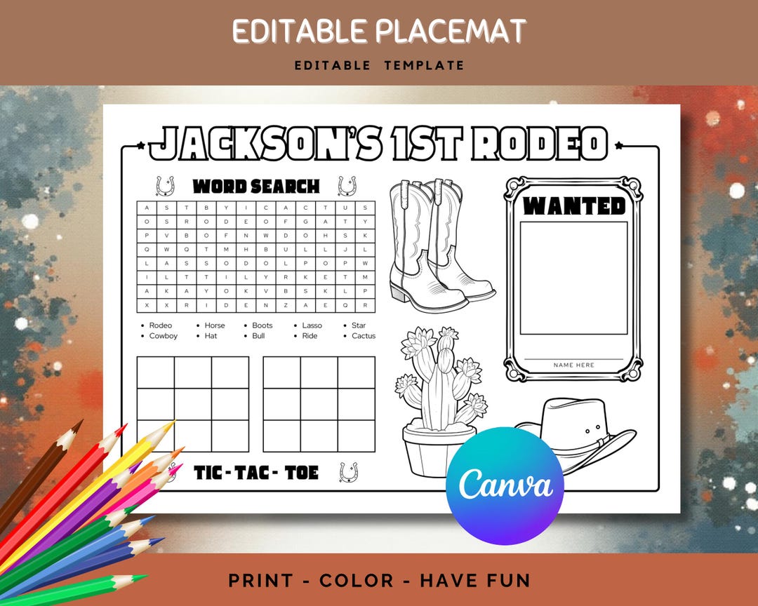 Printable Rodeo Activities 1st Rodeo Editable Placemat Activity Sheet for Kids | Western Birthday ...