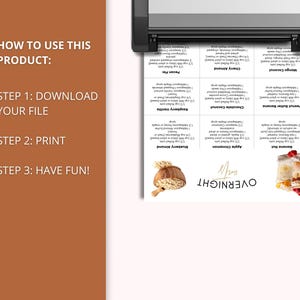 May include: A printed sheet with overnight oat recipes, including ingredients like milk, oats, and maple syrup. The sheet is being printed from a printer. Text on the left side reads: How to use this product: Step 1: Download your file, Step 2: Print, Step 3: Have fun!