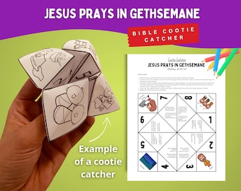 May include: A paper cootie catcher featuring black and white line art illustrations and text titled Jesus Prays in Gethsemane. The set includes a printable instruction sheet with numbered sections, questions, and cartoon graphics related to the biblical story.