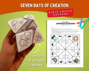 May include: A paper cootie catcher featuring black and white line drawings related to the Seven Days of Creation, including illustrations of babies and text. A flat printable sheet shows the full layout with instructions, numbers, and colored icons.