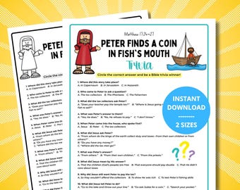 Op de afbeelding: Een printbaar Bijbel-trivia-werkblad getiteld Peter Finds a Coin in Fish's Mouth, met een cartoonillustratie van Petrus, een boot op het water en tien meerkeuzevragen gebaseerd op Mattheüs 17:24-27, inclusief een Instant Download 2 Sizes-badge.