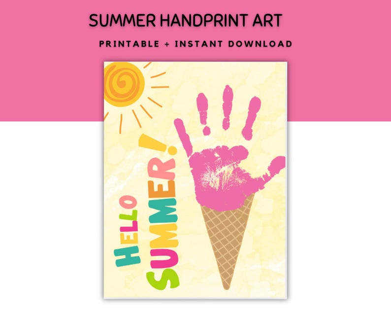 May include: A printable summer handprint art design featuring a pink handprint in the shape of an ice cream cone with a yellow sun and the text "Hello Summer!" in colourful letters.