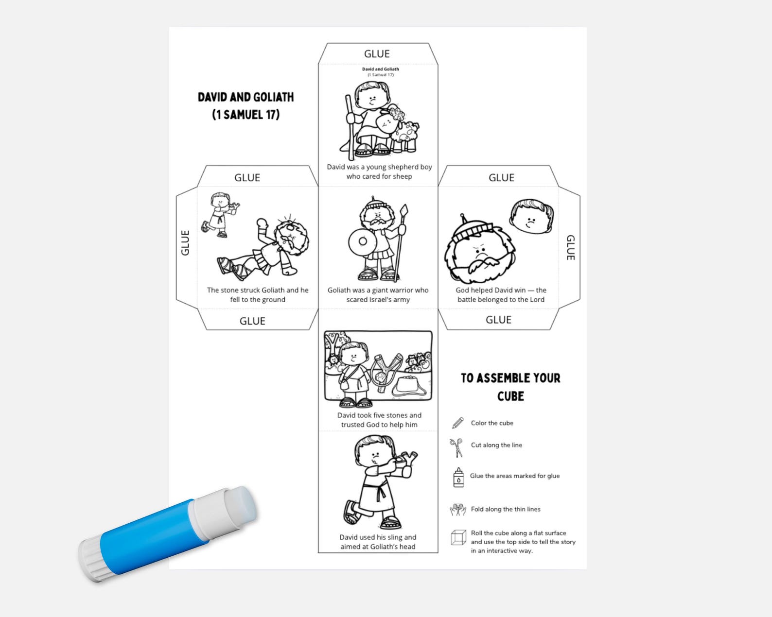 David and Goliath Coloring Cube Printable | 1 Samuel 17 Bible Story for ...