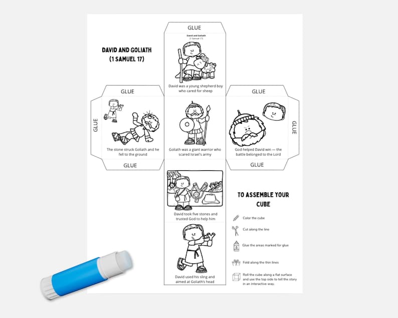 David and Goliath Coloring Cube Printable | 1 Samuel 17 Bible Story for ...