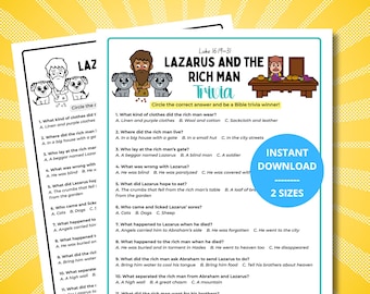Juego de trivia bíblica sobre Lázaro y el hombre rico / Actividad para niños sobre la parábola del hombre rico y Lázaro / Lección imprimible sobre la parábola del cielo y el infierno