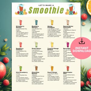 May include: A vibrant smoothie recipe chart with the text "LET'S MAKE A Smoothie" at the top. The chart features various smoothie recipes, including Strawberry Banana, Blueberry Spinach, and Mango Pineapple. An "INSTANT DOWNLOAD" button is visible.