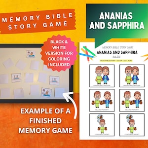 May include: A children's memory game titled "Memory Bible Story Game" featuring "Ananias and Sapphira." Includes a black and white version for colouring. The image shows an example of the finished memory game with illustrated cards.
