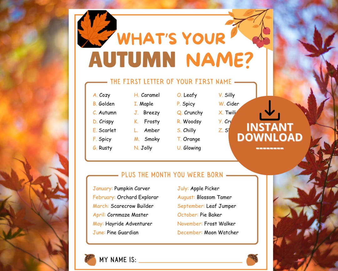 Fall Split Name Frame What's Your Autumn Name Game, Fall Party Icebreaker, Printable Autumn ...