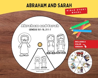 May include: A circular paper craft titled Abraham and Sarah Genesis 18:1-15, 21:1-7 featuring black and white line art illustrations of biblical figures. A small gold fastener connects a rotating top layer. Includes colored pencils and a small color version.