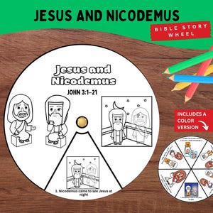 May include: A white Bible story wheel featuring the text "Jesus and Nicodemus" and "John 3:1-21". The wheel includes illustrations and the text "Includes a colour version". Colouring pencils are on the right.