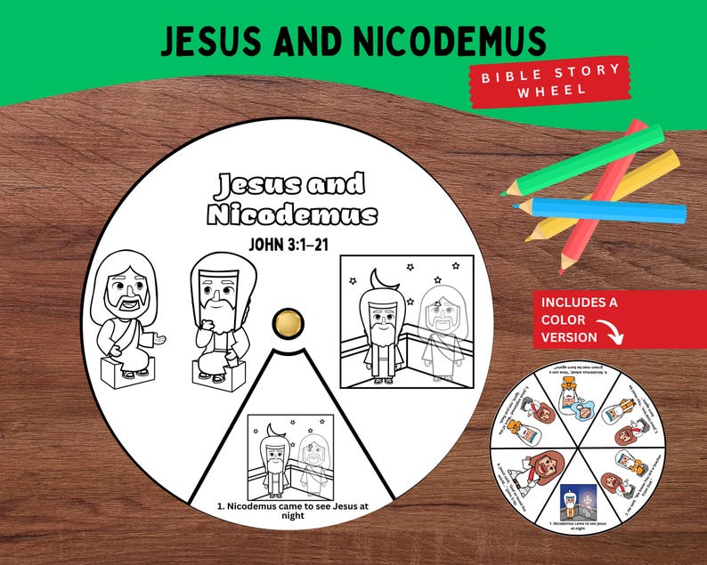 Puede incluir: Una rueda de historias b&iacute;blicas blanca con el texto "Jes&uacute;s y Nicodemo" y "Juan 3:1-21". La rueda incluye ilustraciones y el texto "Incluye una versi&oacute;n en color". L&aacute;pices de colores a la derecha.