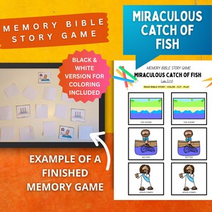 Puede incluir: Un juego de memoria con el texto "Memory Bible Story Game" y "Miraculous Catch of Fish". Incluye una versión en blanco y negro para colorear. El ejemplo muestra un juego de memoria terminado con ilustraciones y texto.