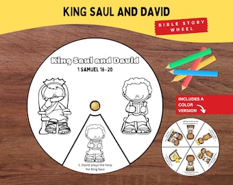 May include: A circular paper craft titled King Saul and David 1 Samuel 16-20 featuring black and white line art illustrations of a king on a throne and a person playing a harp. A smaller coloured version of the wheel and coloured pencils are included.