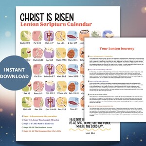 May include: A Lenten Scripture Calendar titled Christ Is Risen with numbered daily squares featuring religious icons and scripture references. A second page titled Your Lenten Journey provides text descriptions for each section of the calendar.