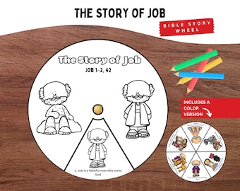 Può includere: Un lavoretto di carta circolare intitolato The Story of Job, Job 1-2, 42, con illustrazioni a linee bianche e nere di un uomo. La ruota include una chiusura centrale dorata, una sezione a spicchio con testo e una versione a colori più piccola.