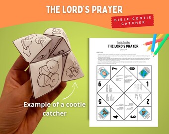 May include: A paper cootie catcher featuring black and white line drawings and the text THE LORD'S PRAYER, alongside a printable instruction sheet with numbered sections, questions, and colorful illustrations of biblical themes.