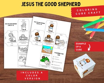 May include: A Jesus the Good Shepherd colouring cube craft kit featuring two printable sheets with black and white and coloured illustrations of biblical scenes, along with a fully assembled paper cube and coloured pencils for assembly.