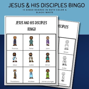 Op de afbeelding: Jesus & His Disciples bingospelset met 15 bingokaarten in kleur en zwart-wit. De kaarten tonen geïllustreerde figuren van Jezus en verschillende discipelen met hun namen onder elke figuur gedrukt in een rasterformaat.