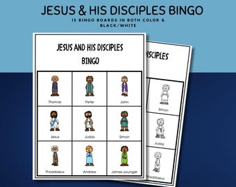May include: Jesus & His Disciples Bingo game set featuring 15 bingo boards in both color and black and white. The boards display illustrated figures of Jesus and various disciples with their names printed below each character in a grid format.
