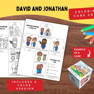 May include: A craft kit with the text "David and Jonathan" and "Coloring Cube Craft." The kit includes black and white illustrations of biblical figures, instructions, and a color version. Colored pencils and a completed cube are also shown.