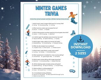 Winter Sports Trivia Game | Snow & Ice Sports Quiz Printable, Kids Classroom Winter Activity, Family Party Game, Winter Games