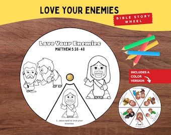 May include: A circular paper Bible story wheel titled Love Your Enemies Matthew 5:38-48 with black and white line art illustrations of figures. A small gold fastener is in the center. Four colored pencils are placed to the side of the wheel.