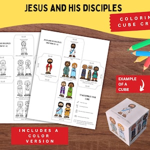 May include: A craft kit with the text "JESUS AND HIS DISCIPLES" and instructions for a colouring cube. The kit includes a colour version and a cube example. Colouring pencils are visible.