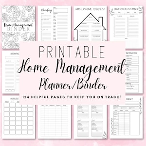 May include: A collection of printable home management planner pages. The pages include sections for daily schedules, to-do lists, meal planning, project planning, and budgeting. The cover features floral designs and the text "Home Management Binder."
