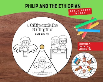 May include: A Bible Story Wheel with the text "Philip and the Ethiopian" and "Acts 8:26-40". The wheel features illustrations of characters and the text "Includes a colour version". Coloured pencils are on the right.