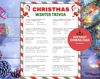 May include: A Christmas Winter Trivia game sheet with red and green striped borders, featuring Santa Claus illustrations, twelve multiple-choice questions, a name line, and a total points line. A red circle with a download icon and the text INSTANT DOWNLOAD is overlaid on the right side.
