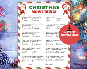 May include: A rectangular Christmas movie trivia game sheet with a red and green striped border. The header reads CHRISTMAS MOVIE TRIVIA in green and red text. It features twelve multiple-choice questions, two Santa illustrations, and a red circle with the text INSTANT DOWNLOAD. There are blank lines for a name and total points.