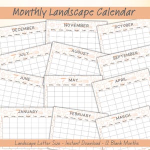 May include: A printable calendar with 12 blank months in a landscape format. Each month is on a separate page with a simple grid layout and the month name at the top. The calendar is decorated with a light brown pattern of kitchen utensils.