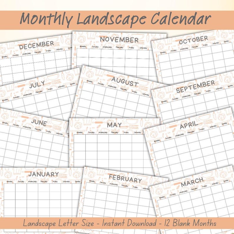 May include: A printable calendar with 12 blank months in a landscape format. Each month is on a separate page with a simple grid layout and the month name at the top. The calendar is decorated with a light brown pattern of kitchen utensils.