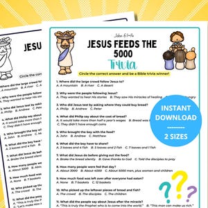 Op de afbeelding: Twee afdrukbare trivia-vellen met de titel "JESUS FEEDS THE 5000 Trivia". De vellen bevatten vragen en antwoorden over het bijbelse verhaal. Eén vel heeft een blauwe achtergrond met een downloadknop.