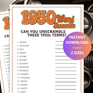 May include: A printable 1950s word scramble game with the title "1950 Word Scramble" in orange and white. The game includes a list of scrambled words and the prompt "Can you unscramble these 1950s terms?" The image also says "Instant Download" and "2 Sizes".