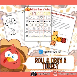 Roll and Draw a Turkey Game – Thanksgiving Printable Activity for Kids – Dice Drawing Game PDF – Fun Classroom or Homeschool Craft