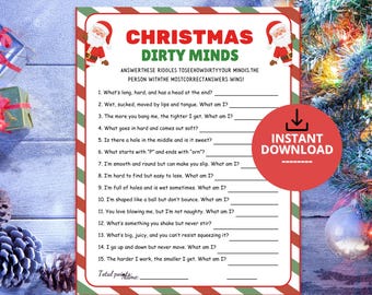May include: A Christmas-themed game sheet titled CHRISTMAS DIRTY MINDS with a red and green striped border. It features two Santa Claus illustrations and a list of fifteen numbered riddles with blank lines for answers and a total points section.