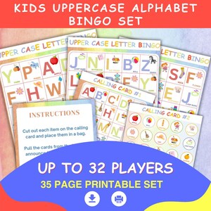 Juego de bingo con letras mayúsculas para niños / 35 páginas / Juego imprimible / Hasta 32 jugadores / Actividad educativa