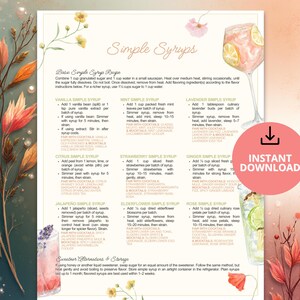 May include: A recipe sheet for making simple syrups, including vanilla, mint, citrus, and strawberry variations. The design features watercolour illustrations of cocktails and flowers, with an "Instant Download" button.