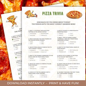 Pizza Trivia Game Printable, Pizza Trivia Game, Trivia Questions, Trivia Game, Dinner Party Idea, Office Party Fun, Pizza Birthday Activity