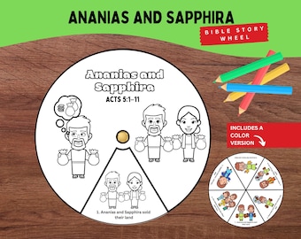 Può includere: Un lavoretto di carta circolare intitolato Ananias and Sapphira Acts 5:1-11 con disegni al tratto in bianco e nero di due figure con sacchi di denaro, una chiusura dorata centrale e una versione a colori più piccola con quattro matite colorate.