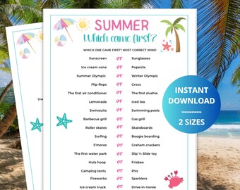 Puede incluir: Dos hojas de juego imprimibles con temática de verano. Las hojas presentan un borde turquesa e incluyen el texto "SUMMER Which came first?" con una lista de elementos relacionados con el verano. También hay un círculo azul con "INSTANT DOWNLOAD".