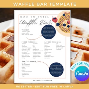 May include: A waffle bar template with a waffle graphic and a list of waffle toppings and essentials. The text includes "How to Build a Waffle Bar" and "Edit for Free in Canva". The image is on a white background.