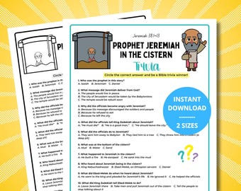 Puede incluir: Una hoja de trabajo de trivia bíblica imprimible titulada Prophet Jeremiah in the Cistern, que presenta una ilustración de dibujos animados de un hombre en un pozo, diez preguntas de opción múltiple y un gráfico circular azul con el texto Instant Download 2 Sizes.